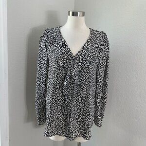 Ann Taylor Womens Large Long Sleeve Ruffle Front Blouse Animal Print Shirt Top